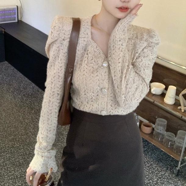 リーフパターンパフスリーブシアーカーディガン 5058-画像7-韓国ファッション通販POPREA［ポップリア］