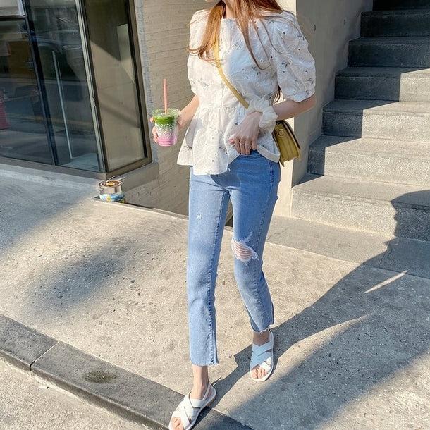 フラワー刺繍パフスリーブブラウス 5203-画像8-韓国ファッション通販POPREA［ポップリア］