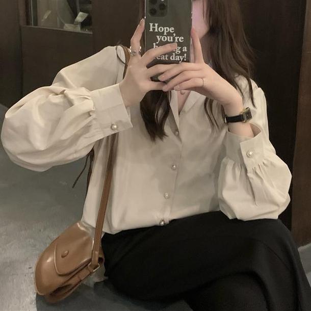 Vネックパールボタンブラウス 4689-画像8-韓国ファッション通販POPREA［ポップリア］