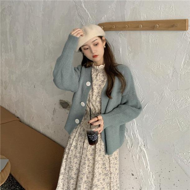 レトロフラワーワンピ＆ビッグボタンカーディガン 5063-画像8-韓国ファッション通販POPREA［ポップリア］