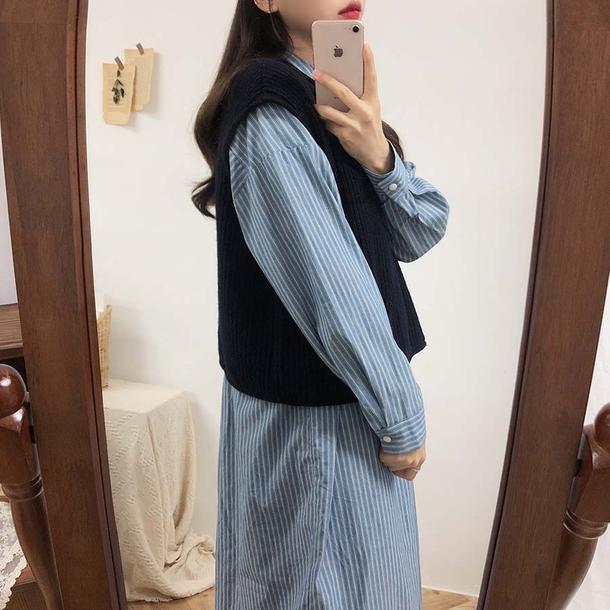 ショート丈ニットベスト＆ストライプワンピース 4745-画像8-韓国ファッション通販POPREA［ポップリア］