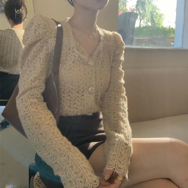 リーフパターンパフスリーブシアーカーディガン 5058-画像8-韓国ファッション通販POPREA［ポップリア］