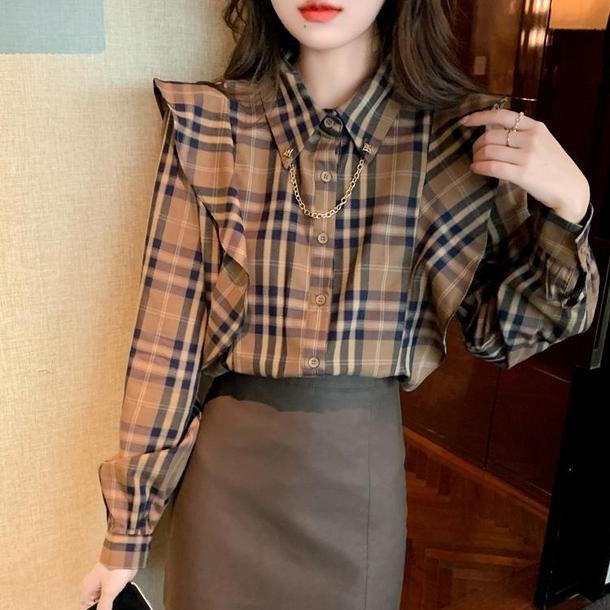 チェック柄フリルシャツブラウス 4826-画像9-韓国ファッション通販POPREA［ポップリア］