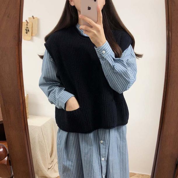 ショート丈ニットベスト＆ストライプワンピース 4745-画像9-韓国ファッション通販POPREA［ポップリア］