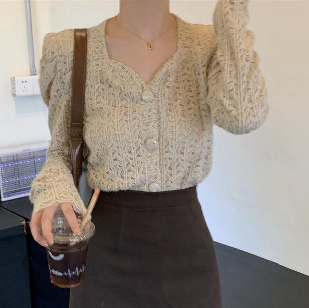 リーフパターンパフスリーブシアーカーディガン 5058-画像9-韓国ファッション通販POPREA［ポップリア］