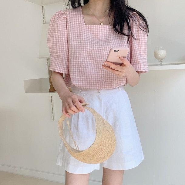 レトロチェックパターンパフスリブラウス 5192-画像9-韓国ファッション通販POPREA［ポップリア］