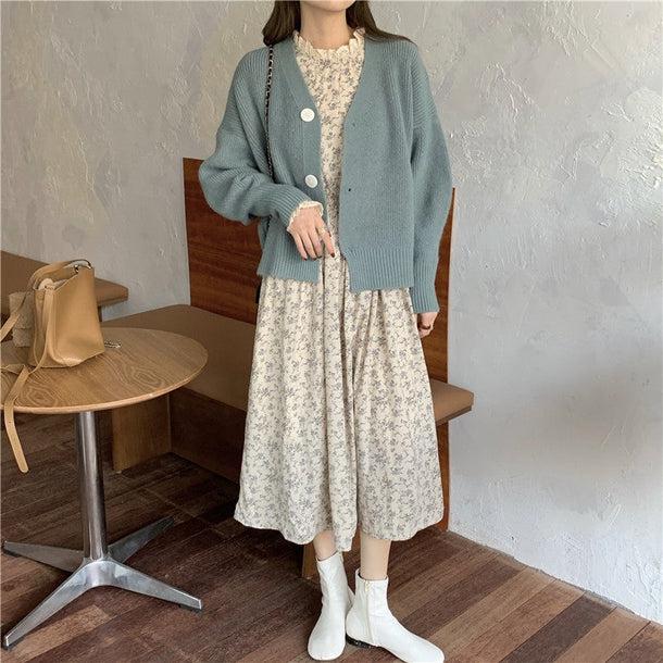 レトロフラワーワンピ＆ビッグボタンカーディガン 5063-画像9-韓国ファッション通販POPREA［ポップリア］