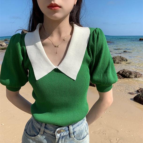 パフスリーブポロリブトップス﻿ 5138-画像9-韓国ファッション通販POPREA［ポップリア］