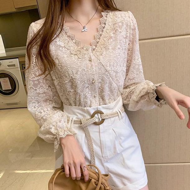 フラワーレースVネックブラウス 4964-画像9-韓国ファッション通販POPREA［ポップリア］