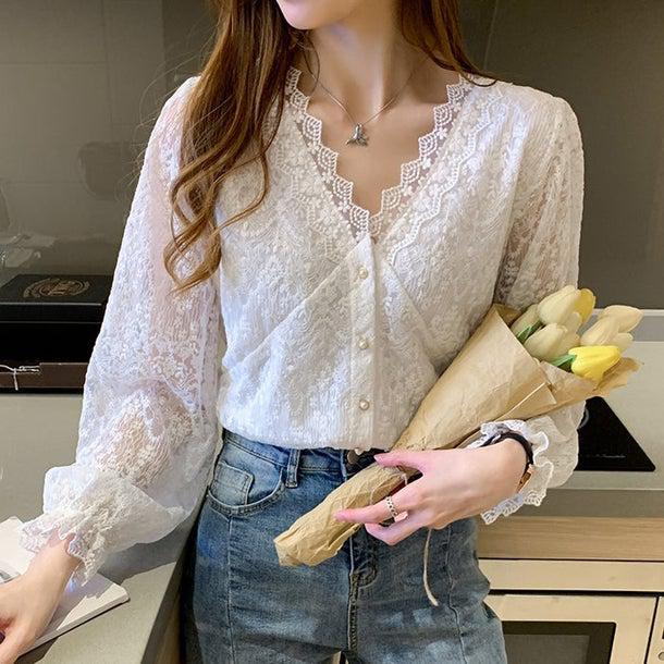 フラワーレースVネックブラウス 4964-画像1-韓国ファッション通販POPREA［ポップリア］
