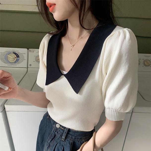 パフスリーブポロリブトップス﻿ 5138-画像1-韓国ファッション通販POPREA［ポップリア］