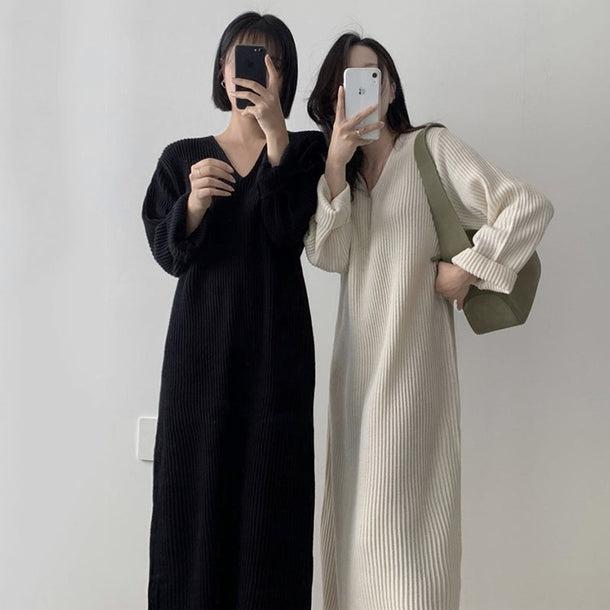 Vネックリブロングニットワンピ 5021-画像1-韓国ファッション通販POPREA［ポップリア］