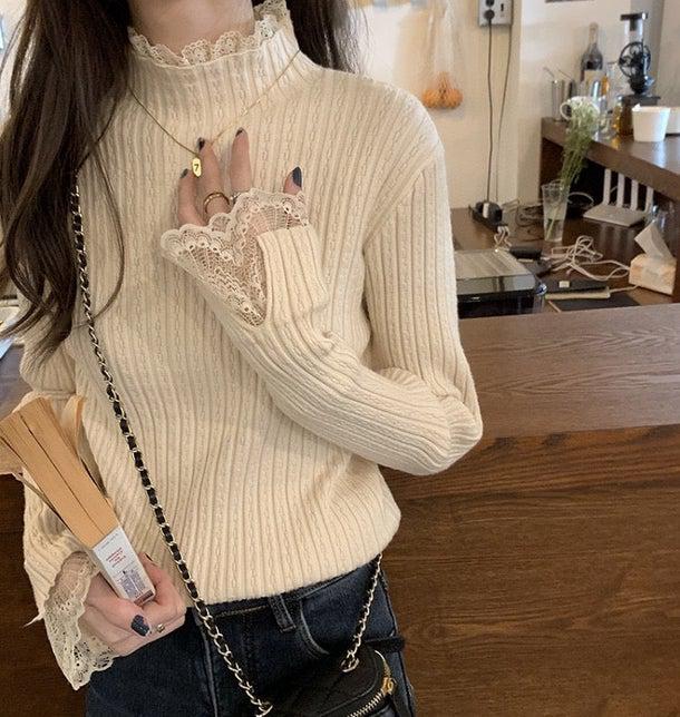 レースハイネック袖リブニット 4970-画像1-韓国ファッション通販POPREA［ポップリア］