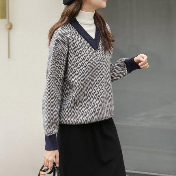 ヘリンボーン柄ハイネックレイヤードニット 4957-画像1-韓国ファッション通販POPREA［ポップリア］