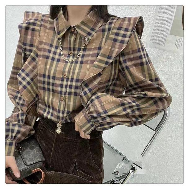 チェック柄フリルシャツブラウス 4826-画像1-韓国ファッション通販POPREA［ポップリア］