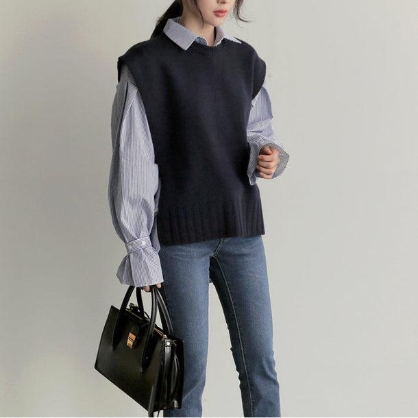 キャンディスリーブストライプシャツ＆ベスト 5045-画像1-韓国ファッション通販POPREA［ポップリア］