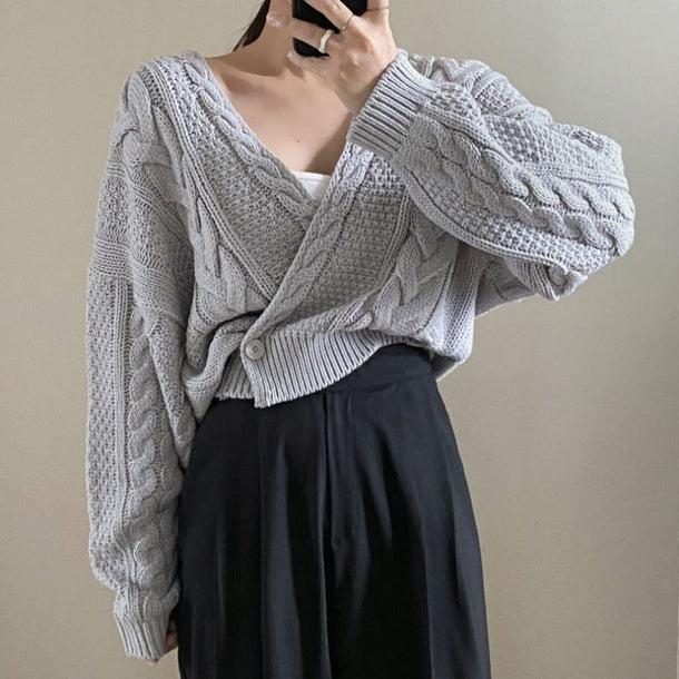 Vネックツイスト編みワンボタンニット 5061-画像1-韓国ファッション通販POPREA［ポップリア］