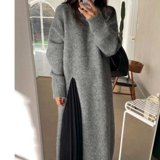 ラウンドネックスリットニットワンピース 4859-画像1-韓国ファッション通販POPREA［ポップリア］