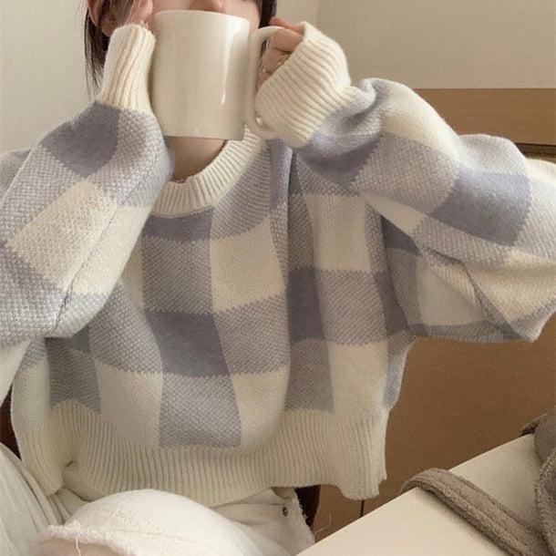 ボックスチェッククロップドニット 5042-画像1-韓国ファッション通販POPREA［ポップリア］