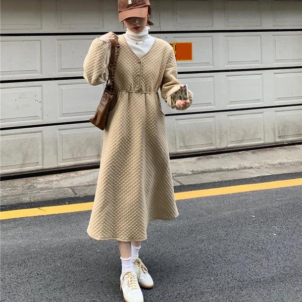 Vネックキルティングワンピース 5033-画像1-韓国ファッション通販POPREA［ポップリア］