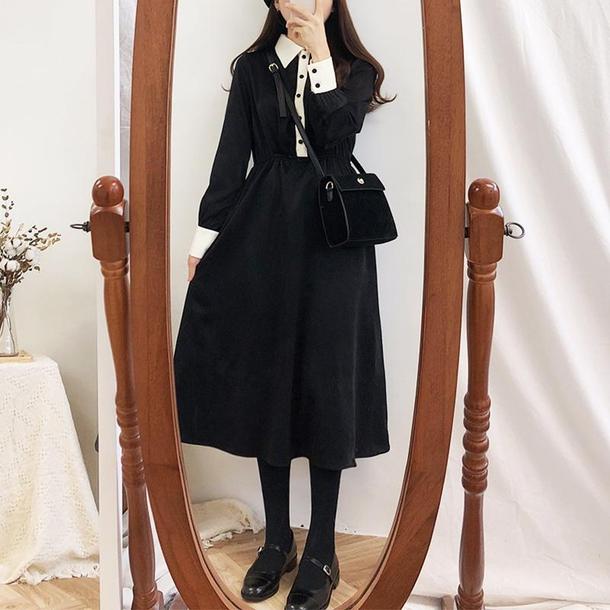 ハイウエストブラックワンピース 4851-画像1-韓国ファッション通販POPREA［ポップリア］