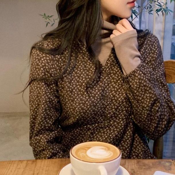 レトロフラワーVネックワンピ 4763-画像1-韓国ファッション通販POPREA［ポップリア］