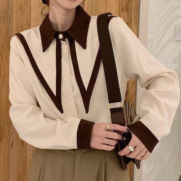 バイカラーレトロシャツ 4987-画像1-韓国ファッション通販POPREA［ポップリア］