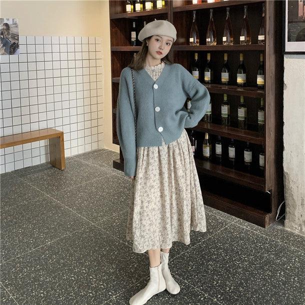 レトロフラワーワンピ＆ビッグボタンカーディガン 5063-画像1-韓国ファッション通販POPREA［ポップリア］