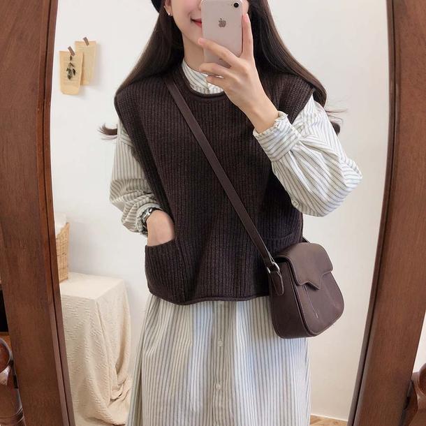 ショート丈ニットベスト＆ストライプワンピース 4745-画像1-韓国ファッション通販POPREA［ポップリア］