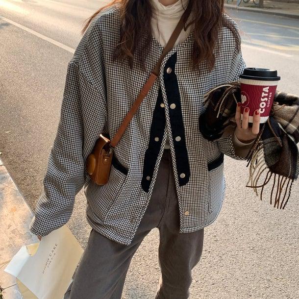 リバーシブルチェックボアジャケット 4934-画像1-韓国ファッション通販POPREA［ポップリア］