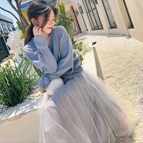 リボンニット＆シフォンロングスカート 1008の商品画像_5