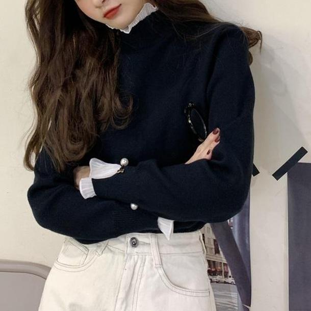 フリルハイネックニット 2773-black_お取り寄せ27731-画像1-韓国ファッション通販POPREA［ポップリア］