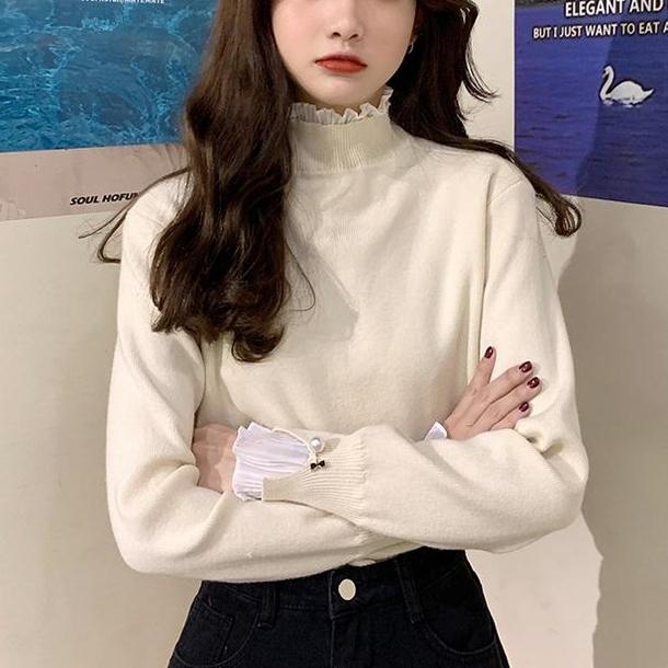 フリルハイネックニット 2773-ivory_お取り寄せ27732-画像2-韓国ファッション通販POPREA［ポップリア］