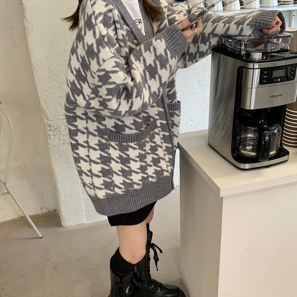 Vネック千鳥格子ニットカーディガン 4171-画像10-韓国ファッション通販POPREA［ポップリア］