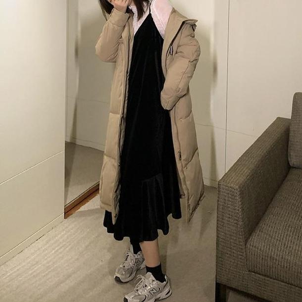 ベロア ミモレワンピ 大人可愛い 韓国ファッション ハイウエストフレアスカート 長袖ロングベロアワンピース 黒
