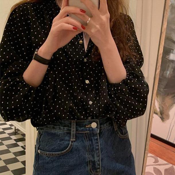 レトロVネック水玉ブラウス 3733-画像11-韓国ファッション通販POPREA［ポップリア］