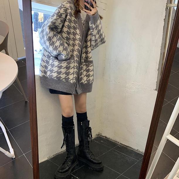 Vネック千鳥格子ニットカーディガン 4171-画像11-韓国ファッション通販POPREA［ポップリア］