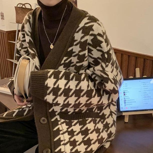 Vネック千鳥格子ニットカーディガン 4171-画像12-韓国ファッション通販POPREA［ポップリア］