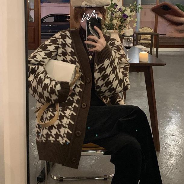 Vネック千鳥格子ニットカーディガン 4171-画像13-韓国ファッション通販POPREA［ポップリア］