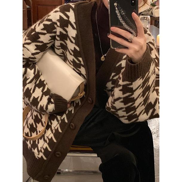 Vネック千鳥格子ニットカーディガン 4171-画像14-韓国ファッション通販POPREA［ポップリア］