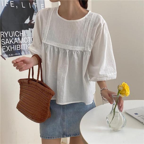 ラウンドネックプリーツブラウス 4534-画像2-韓国ファッション通販POPREA［ポップリア］