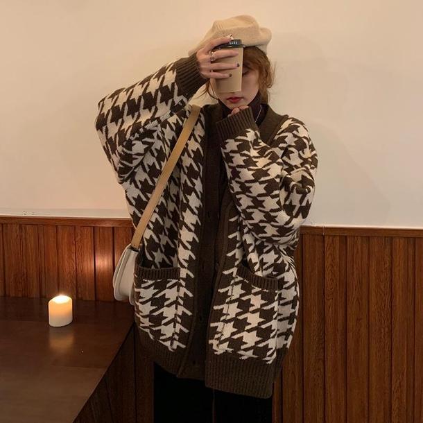 Vネック千鳥格子ニットカーディガン 4171-画像2-韓国ファッション通販POPREA［ポップリア］