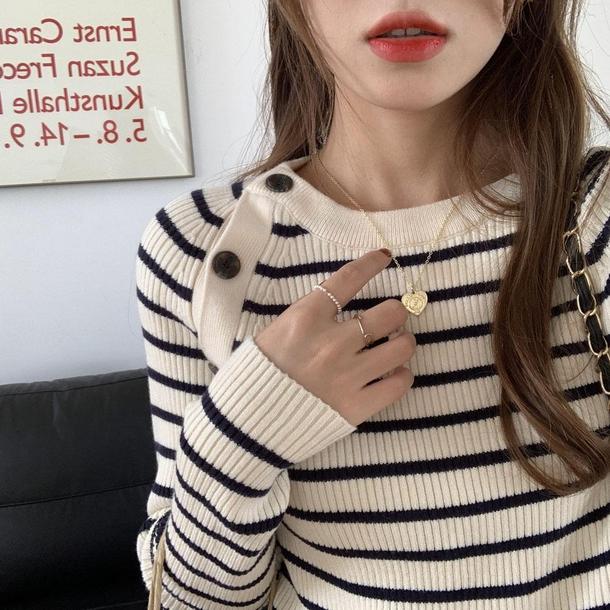 ショルダーボタンボーダーニット 4280-画像2-韓国ファッション通販POPREA［ポップリア］