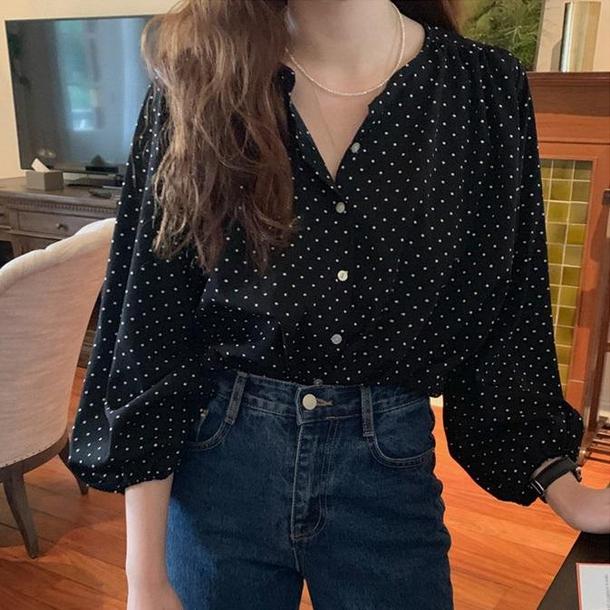 レトロVネック水玉ブラウス 3733-画像2-韓国ファッション通販POPREA［ポップリア］