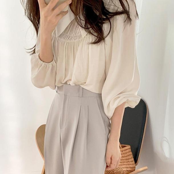 シフォン長袖プリーツシャツ 4395-画像3-韓国ファッション通販POPREA［ポップリア］