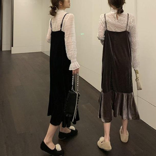 ベロア ミモレワンピ 大人可愛い 韓国ファッション ハイウエストフレアスカート 長袖ロングベロアワンピース 黒