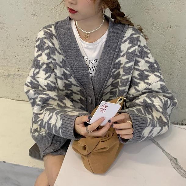 Vネック千鳥格子ニットカーディガン 4171-画像3-韓国ファッション通販POPREA［ポップリア］