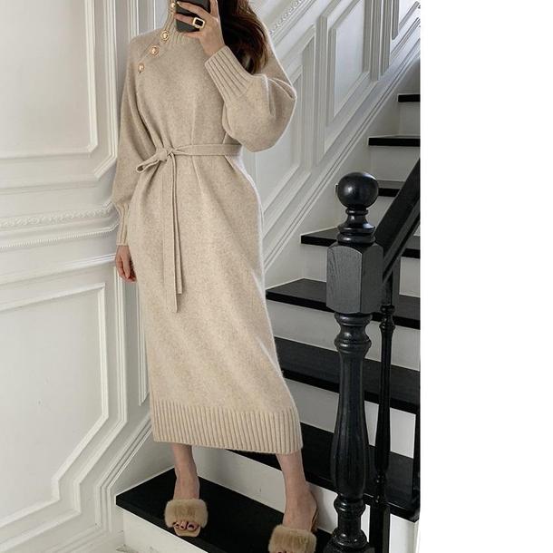 斜めボタンニットセータードレス 4244-画像4-韓国ファッション通販POPREA［ポップリア］