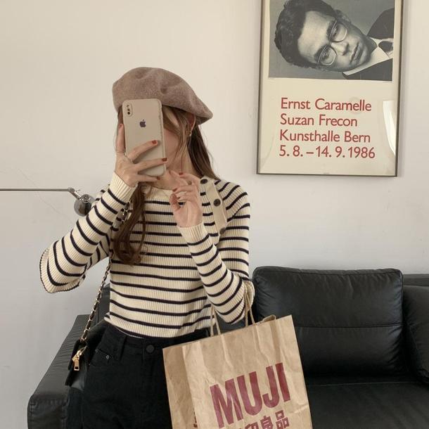 ショルダーボタンボーダーニット 4280-画像4-韓国ファッション通販POPREA［ポップリア］