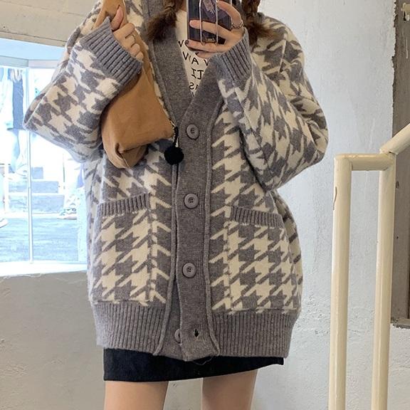 Vネック千鳥格子ニットカーディガン 4171-画像4-韓国ファッション通販POPREA［ポップリア］